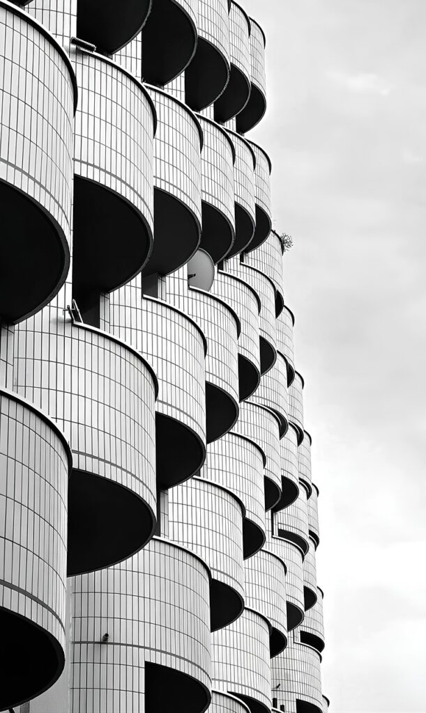 Services modern, architecture, facade, balconies, urban, building, black and white